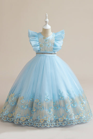 Robe de fille en tulle bleu A Line avec broderie